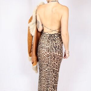Leopard Print Backless Maxi Dress plus fur faux jacket